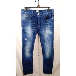 Zara Man Mens Blue Distressed Tapered Straight Leg Print Cuff Jeans Sz 36